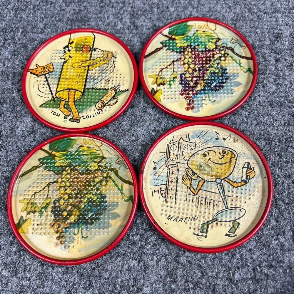 Vintage Metal Drink Coasters Set of 4 – Tom Collins, Martini, Grapes – Retro Bar